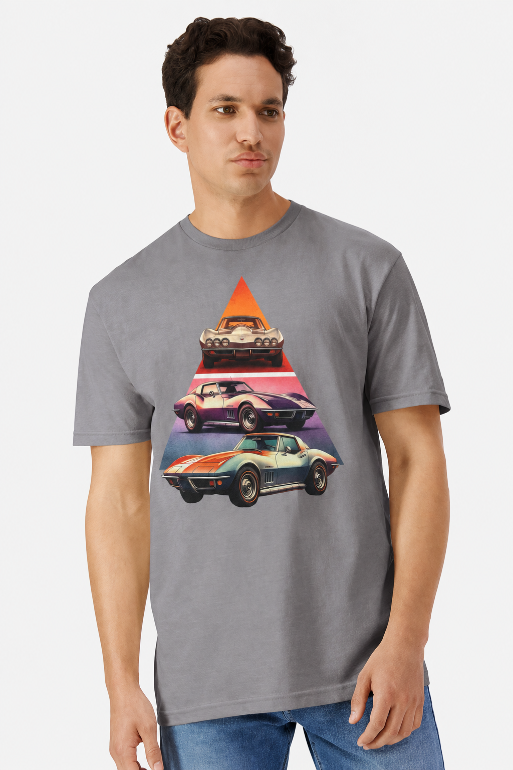 Model wearing a gravel grey t-shirt with a retro triangle Corvette Stingray print