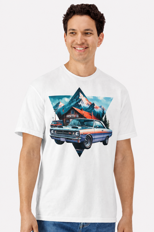 Model wearing a white t-shirt with a 1968 Dodge Dart GTS mountain cabin print