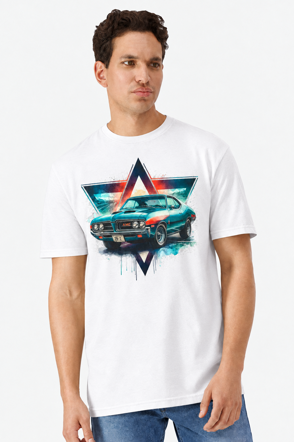 Model wearing a white t-shirt with a watercolor AMC Javelin railyard print