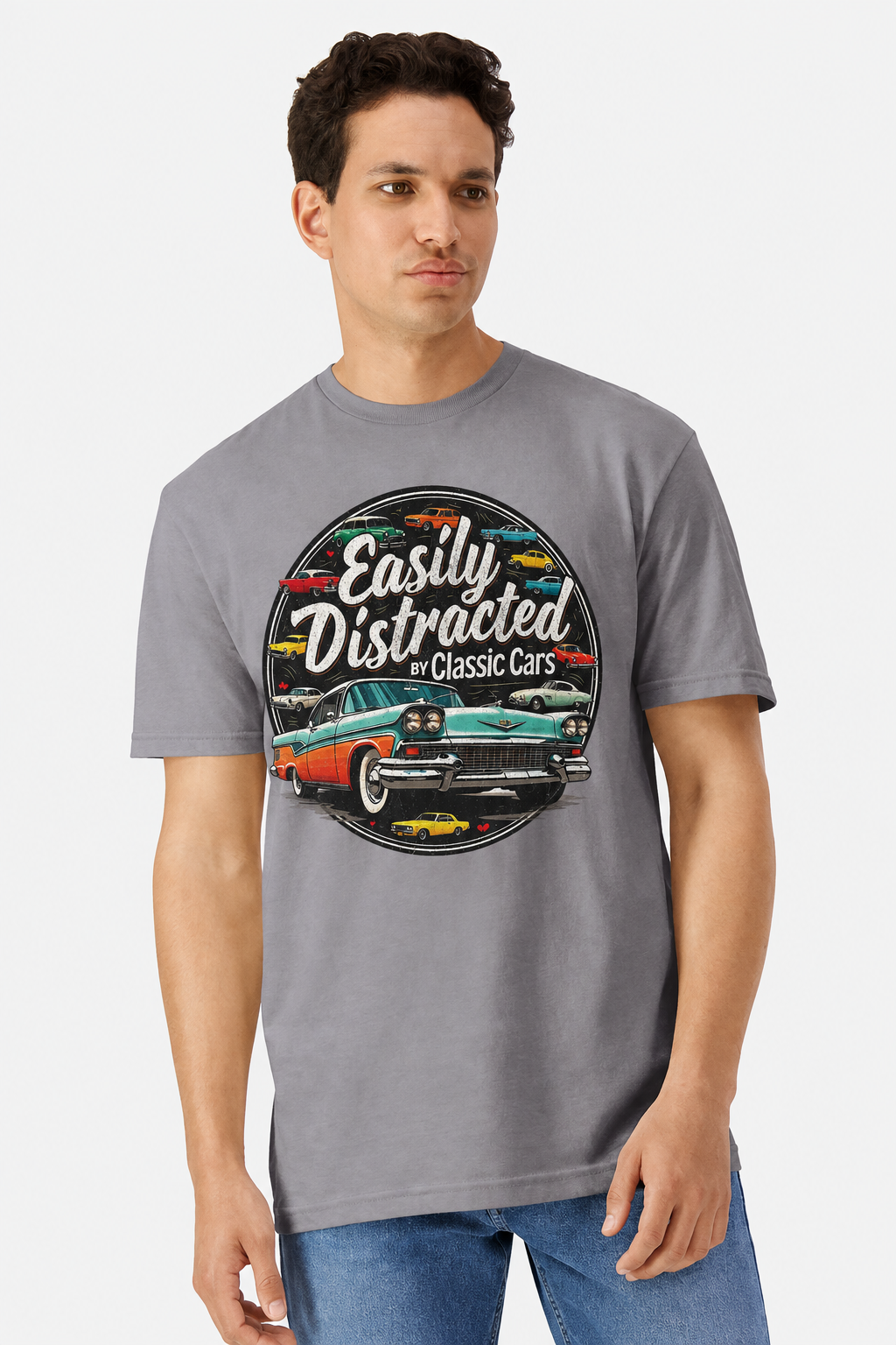Model wearing a gravel grey t-shirt with an Easily Distracted By Classic Cars retro badge print