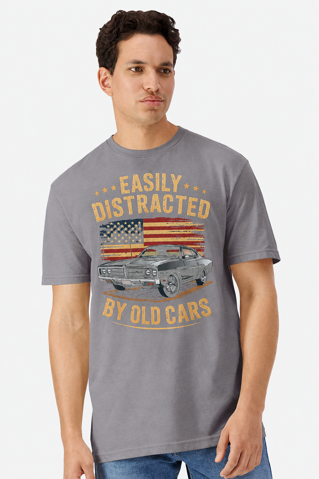 Model wearing a gravel grey t-shirt with an Easily Distracted By Old Cars vintage flag print