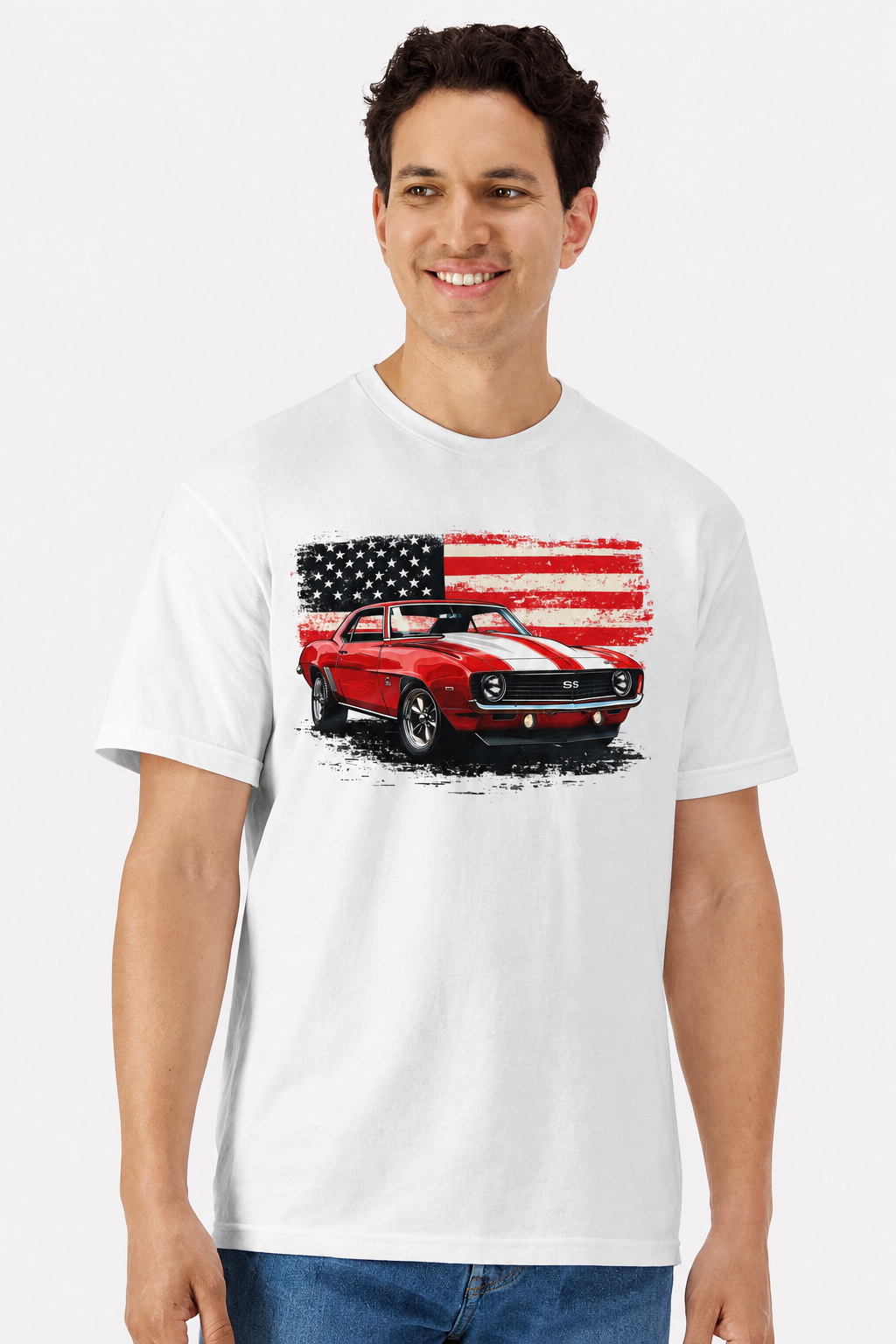Model wearing a white t-shirt with a red 1969 Chevy Camaro SS American flag print