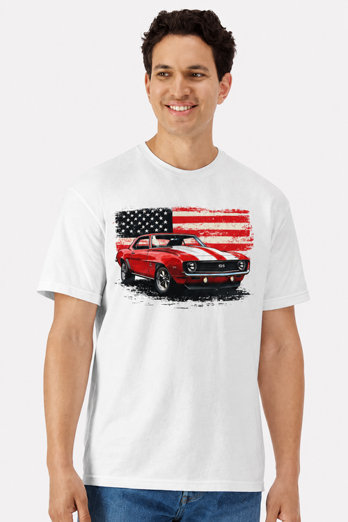 Model wearing a white t-shirt with a red 1969 Chevy Camaro SS American flag print