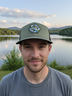 Jumping bass UV patch on a loden green Richardson 112 trucker hat