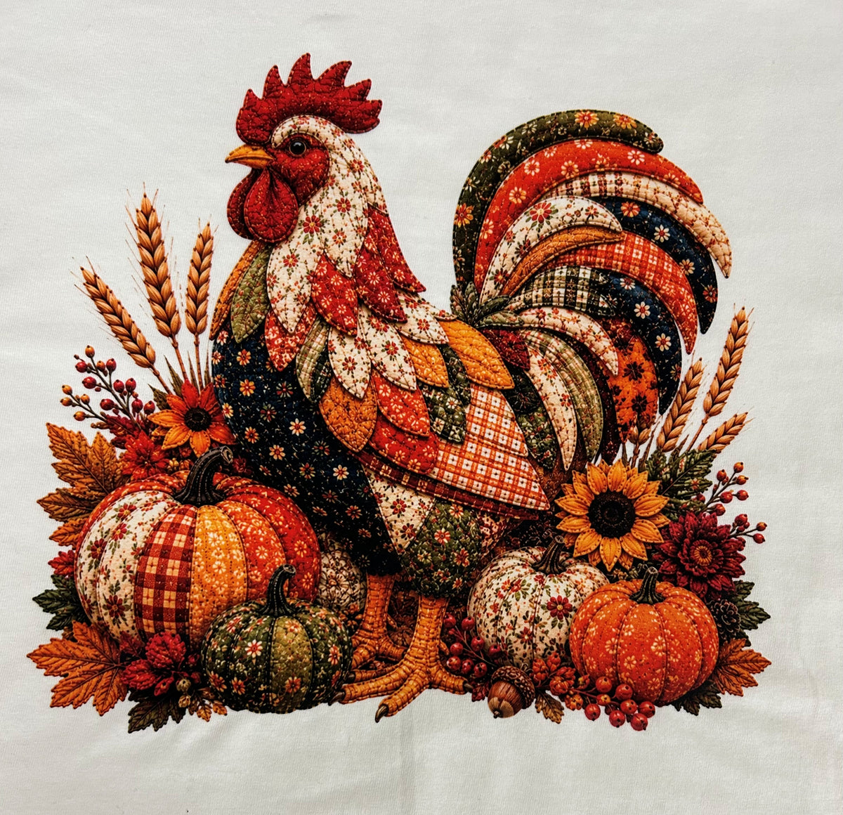 Close-up of the quilted patchwork rooster and pumpkins print on a white t-shirt