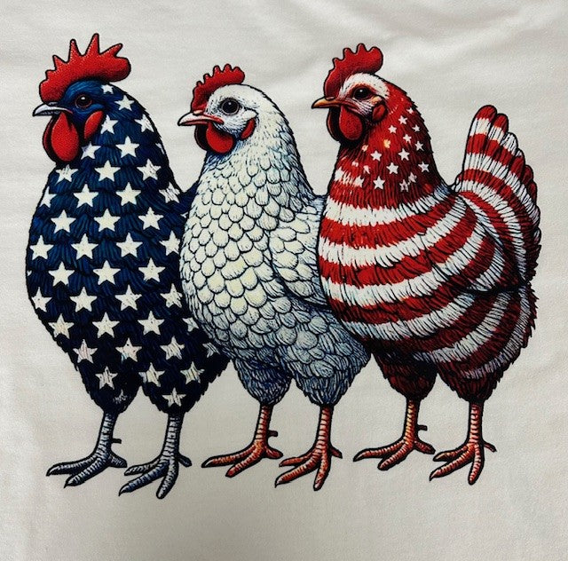 Close-up of the three patriotic chickens print on a white t-shirt