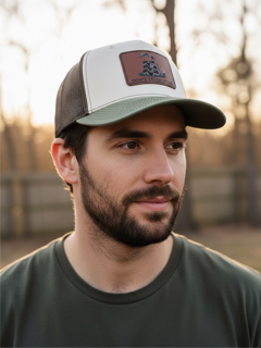 Don't Tread on Me patch on a beige/loden green/dark brown Richardson 112 trucker hat