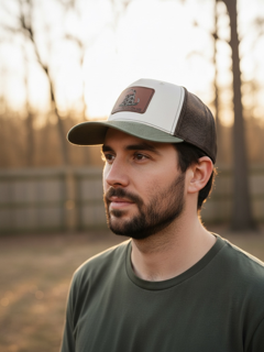 Richardson 112 Don't Tread on Me trucker hat, beige/loden green/dark brown, by TRWADE APPAREL