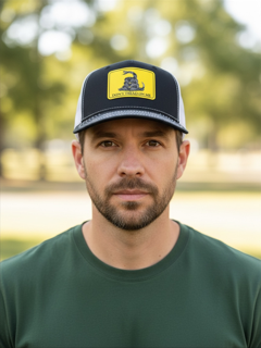 Don't Tread on Me patch on a black/cream Richardson 112 trucker hat