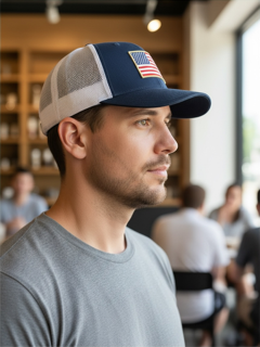 Yupoong Classic American flag trucker hat, white, by TRWADE APPAREL